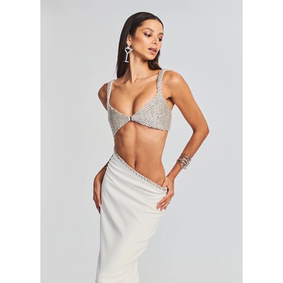 retrofete Fernanda Embellished Asymmetric Maxi Dress White/Silver Womens Size Sm - Picture 6 of 16